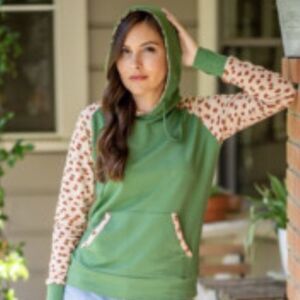 evy's tree Green Hoodie with Cream Flower -Print Sleeves